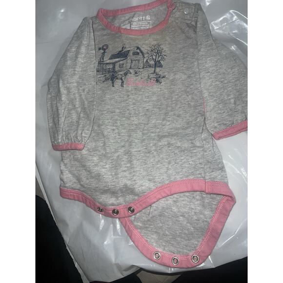 Carhartt Baby Girls Long Sleeve Bodysuit 6Months-Farm Animals- Grey/Pink - Picture 1 of 2